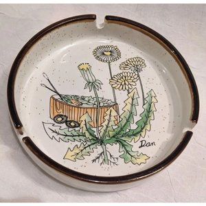 Vtg Dandelions Ashtray Pottery Trinket Dish Flower Speckled Ceramic Retro